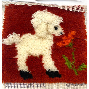 Vintage Lamb Smelling Flower Latchhook Child's Room Nursery